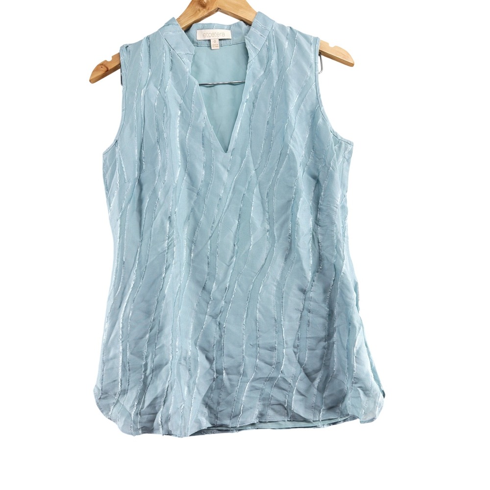 Etcetera Light Blue Silk Blend Wavy Fringe Sleeveless V-Neck Blouse Top Size 0